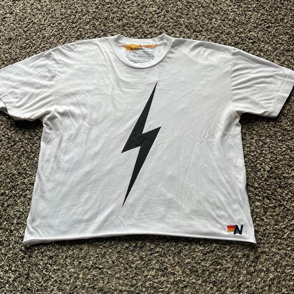 Aviator Nation Womens White Lightning Bolt Cropped Graphic T-Shirt Size L